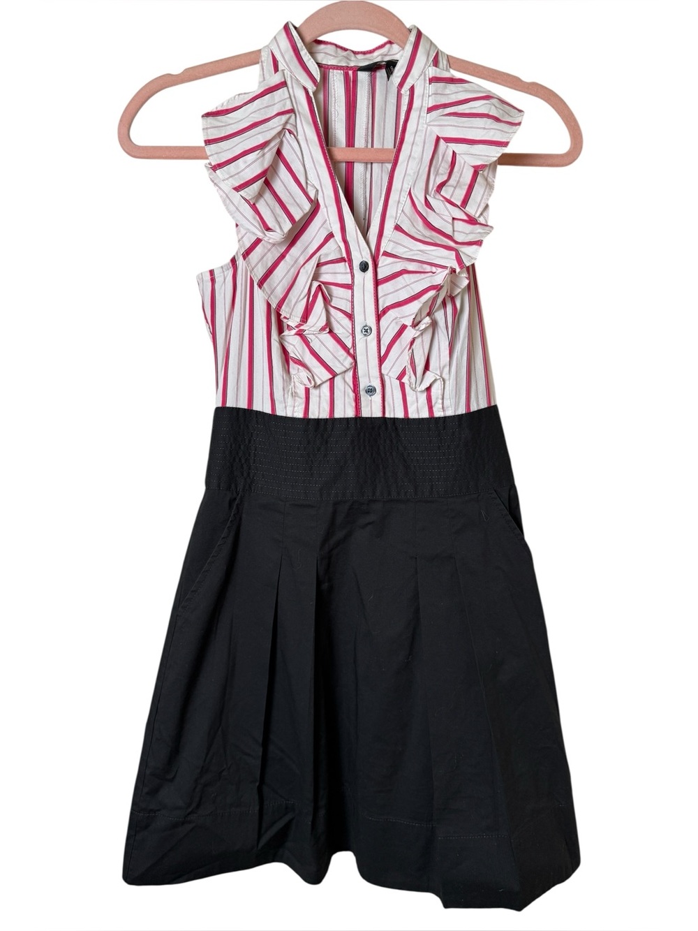 Express size 00 Pink and White Striped Ruffled Bodice Black Skirt Dress